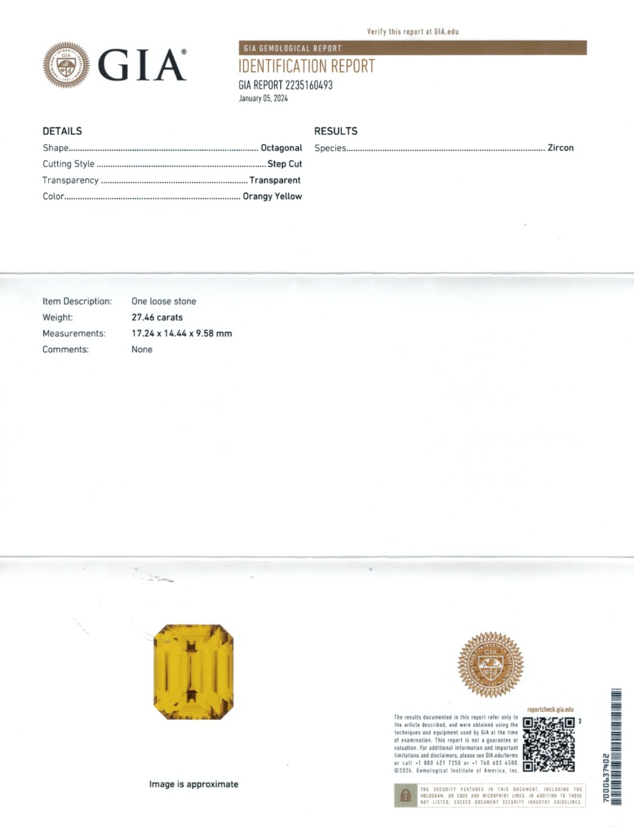 GIA Certificate - Yellow Zircon