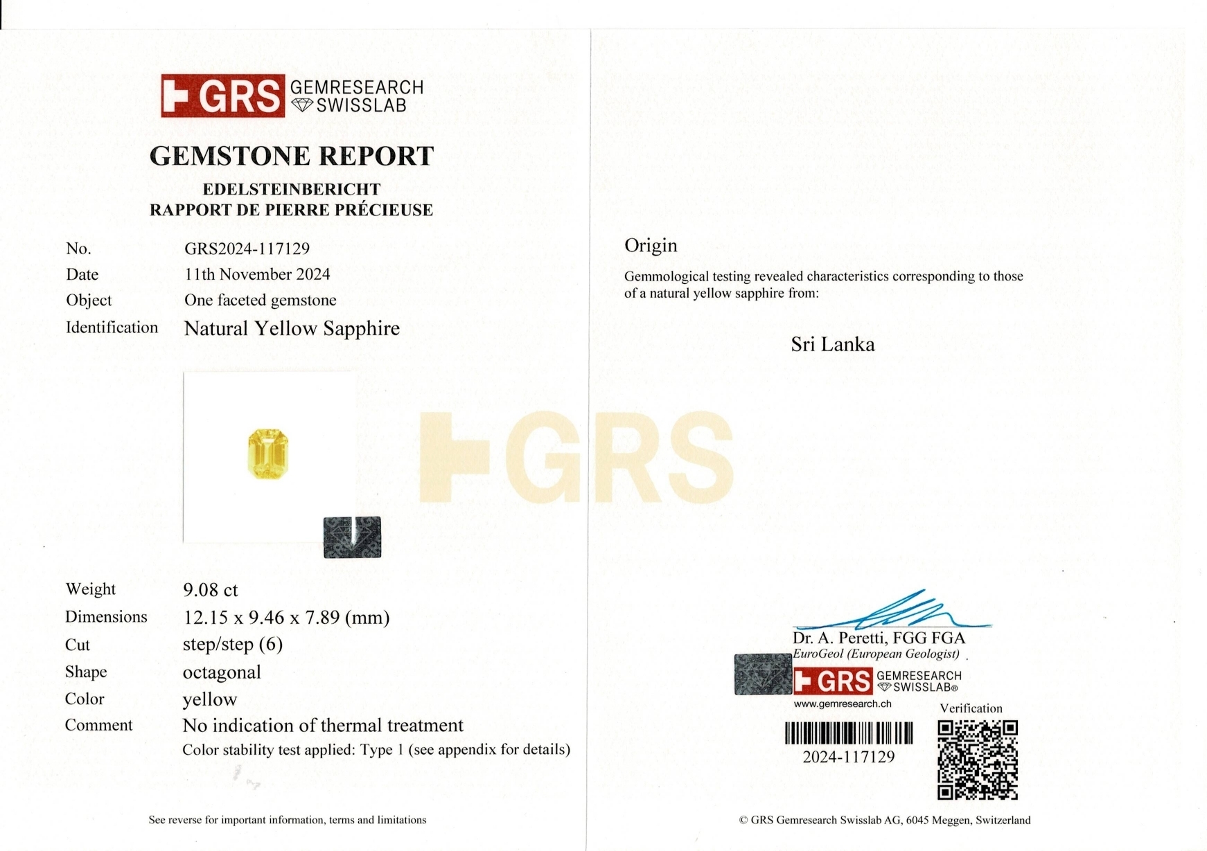 GRS Certificate - Yellow Sapphire