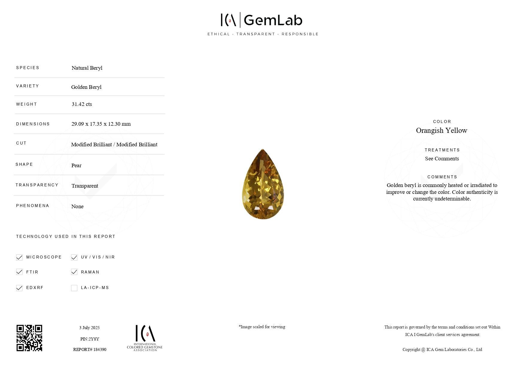 ICA Certificate - Yellow Beryl
