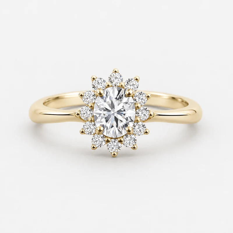 Yellow gold floral halo ring setting with oval center stone, R921