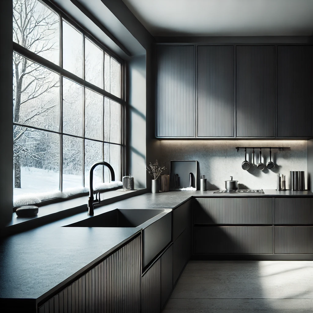 DALL·E 2024 08 24 11.57.56 A realistic image of a modern kitchen with a minimalist design featuring dark cabinetry and sleek countertops. The kitchen is set in a winter environ