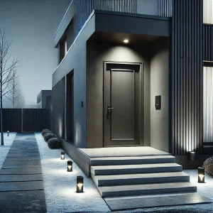 DALL·E 2024 08 24 11.58.38 A realistic image of the doorstep of a modern house featuring a sleek and minimalist design with dark colors. The house has a modern contemporary ae