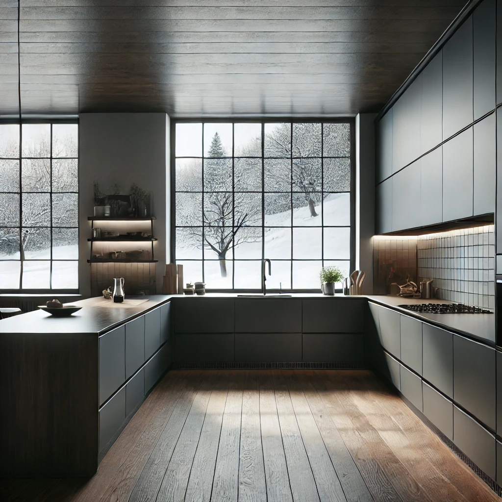 DALL·E 2024 08 29 10.54.52 A modern Scandinavian kitchen with a minimalist design featuring dark sleek cabinets and countertops. The kitchen has dark wooden floors and a clean