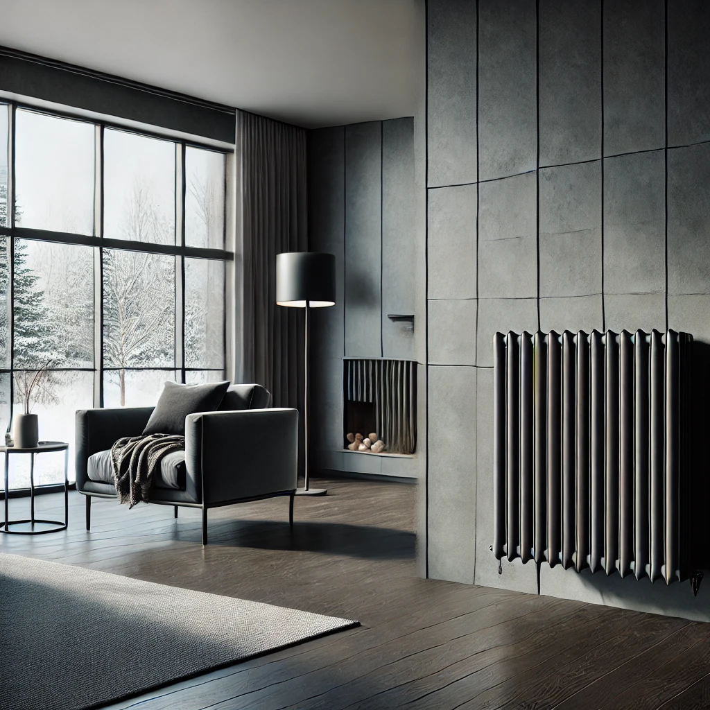 DALL·E 2024 08 29 10.56.33 A modern Scandinavian living room with a minimalist design where the focal point is a sleek dark colored radiator element mounted on a clean dark