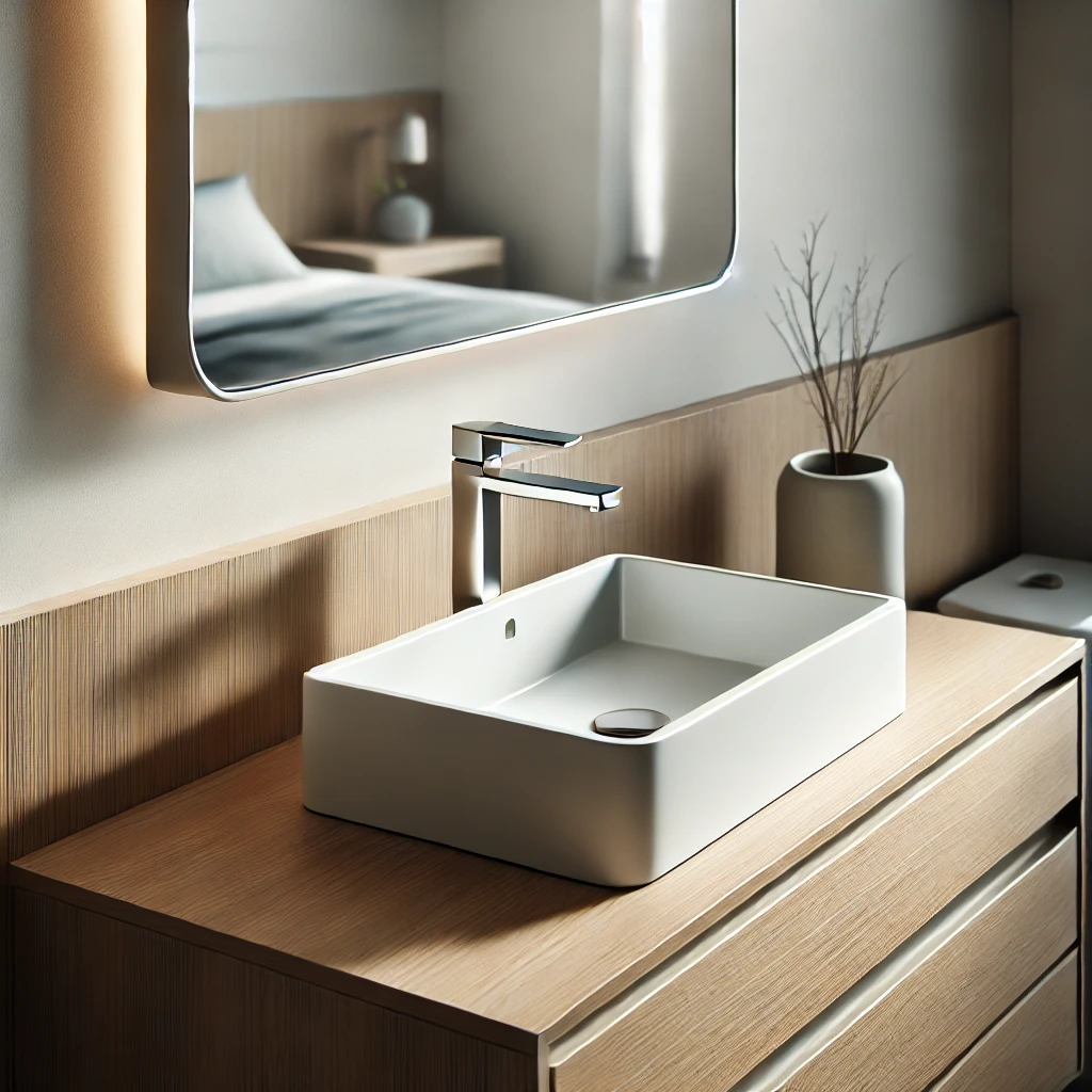 DALL·E 2024 09 05 11.53.42 A close up view of a modern minimalistic bathroom sink setup. The sink is a sleek rectangular design with clean lines and a matte white finish. It s