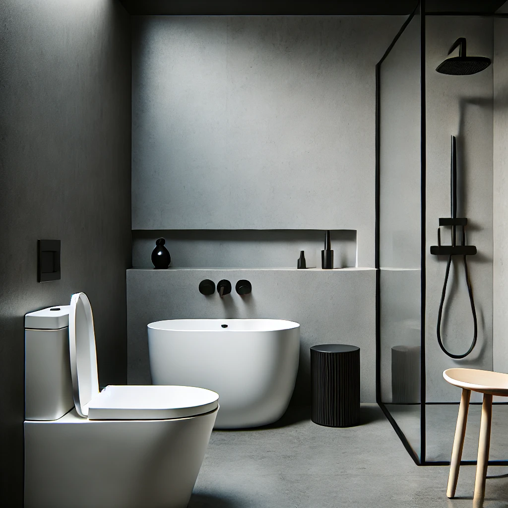 DALL·E 2024 09 15 16.08.28 A Scandinavian minimalist bathroom with only a white toilet chair a sleek white sink and matte black fixtures. The walls are dark grey and the desi