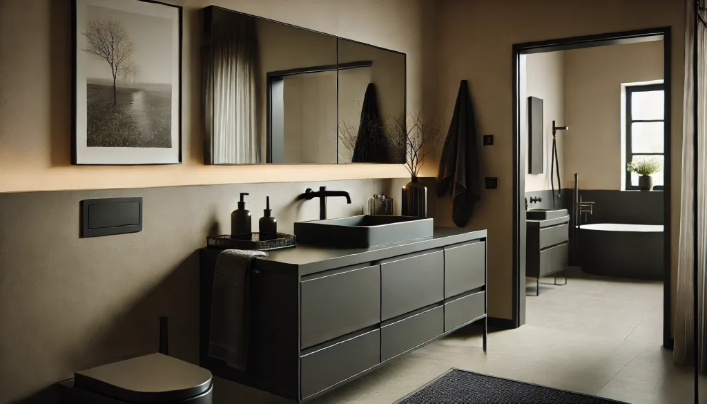 DALL·E 2024 09 18 13.25.04 A minimalist Scandinavian bathroom with dark stylish fixtures and furniture. The focus is on the sink area featuring a sleek countertop modern blac