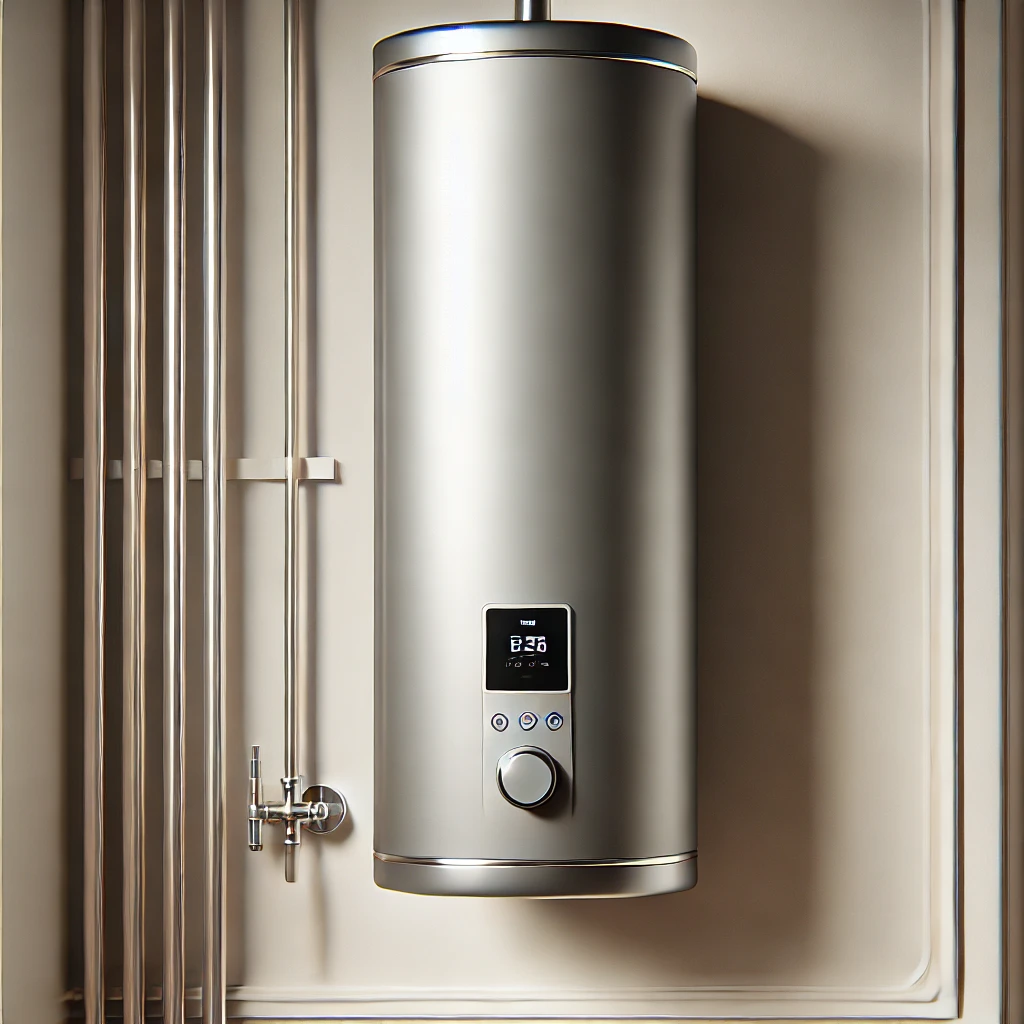 DALL·E 2024 09 30 00.13.36 A realistic minimalistic water heater varmvattenberedare in a modern home environment. It should have a sleek cylindrical design with a metallic fi