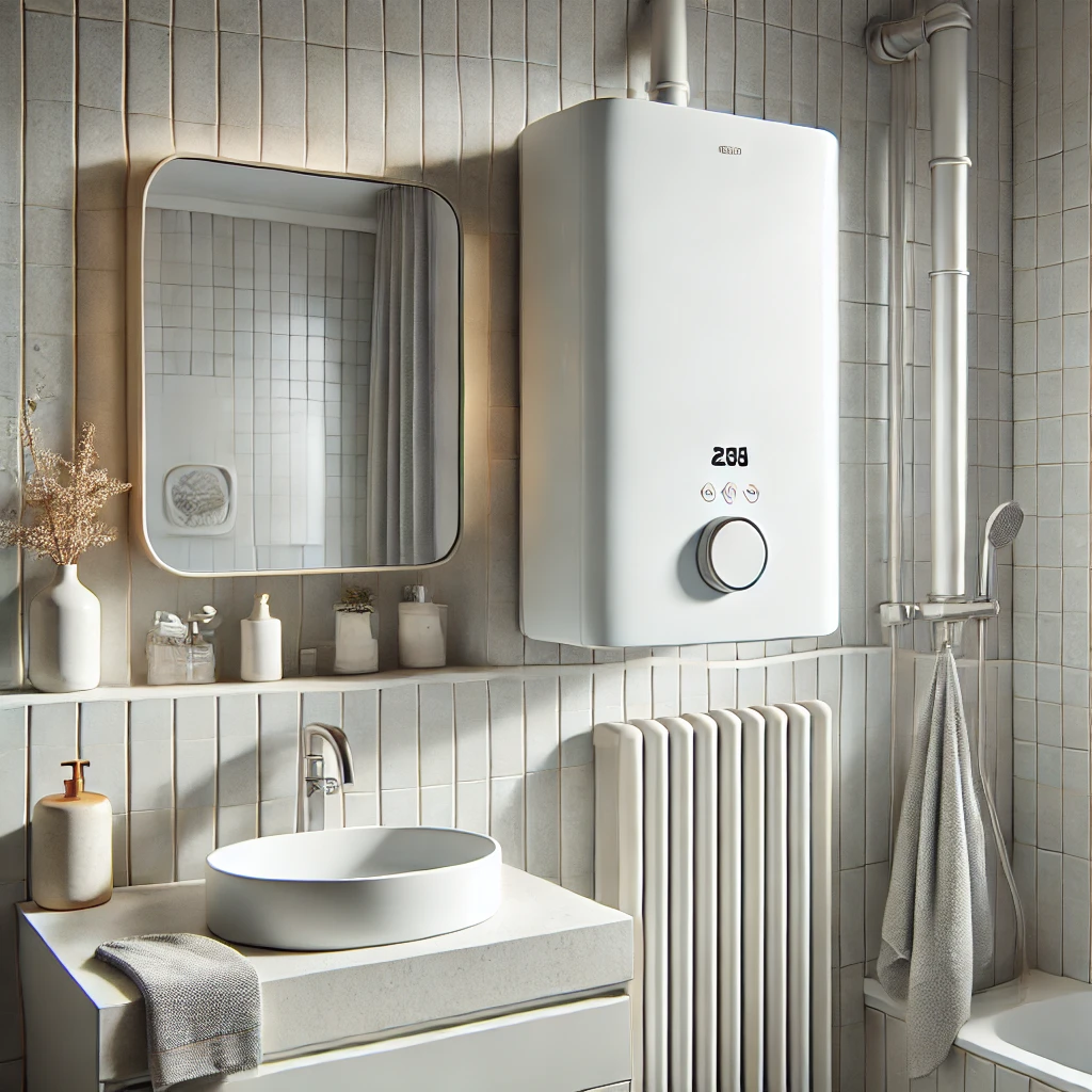 DALL·E 2024 09 30 00.13.37 A realistic and minimalistic water heater varmvattenberedare in a contemporary bathroom setting. The water heater should have a compact rectangular