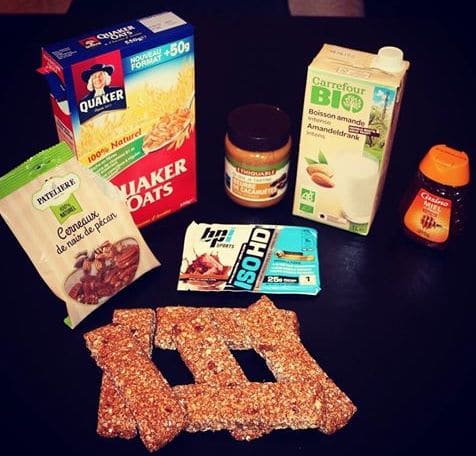 The ingredients for this protein bar recipe: rolled oats, almond milk, peanut butter, whey protein and honey.