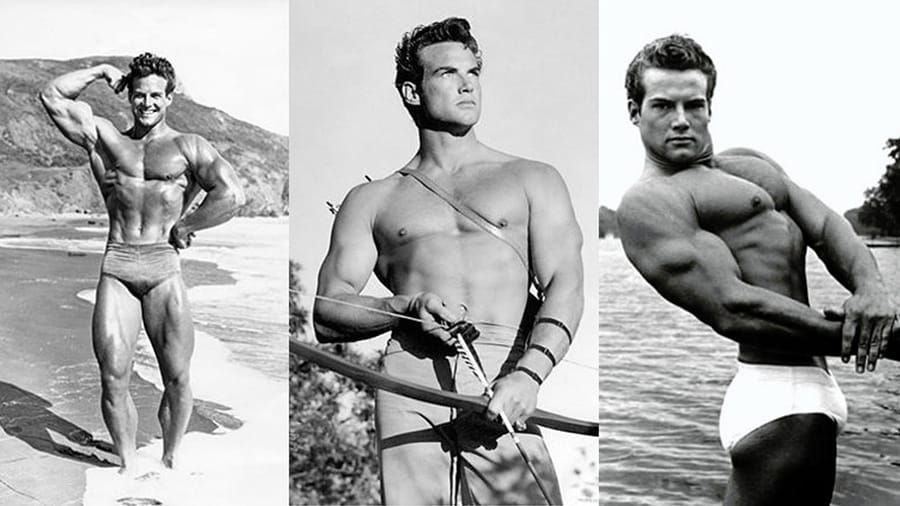 The bodybuilder Steve Reeves posing shirtless.