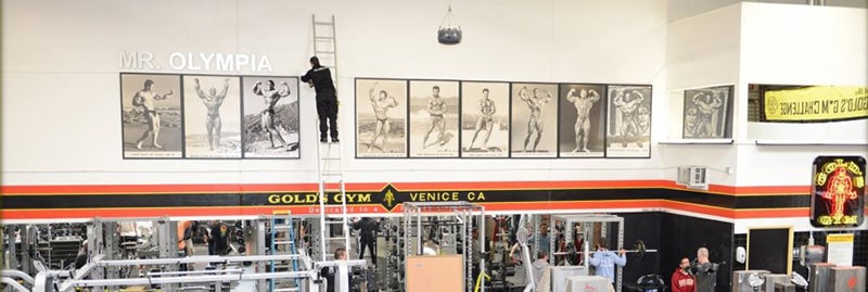 Photos of the Mr. Olympia contest legends hang inside Gold's Gym.