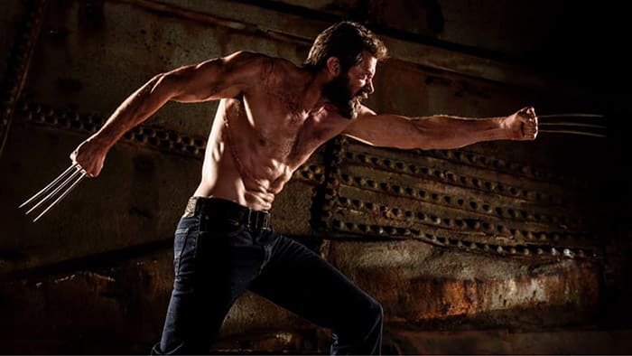 Hugh Jackman, shirtless, plays the famous X-Men Wolverine.