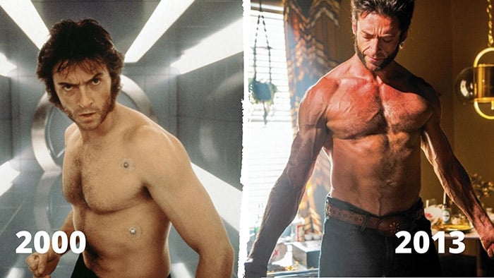 On the left, Hugh Jackman in his first X-Men movie in 2000. On the right, the same actor in 2013.