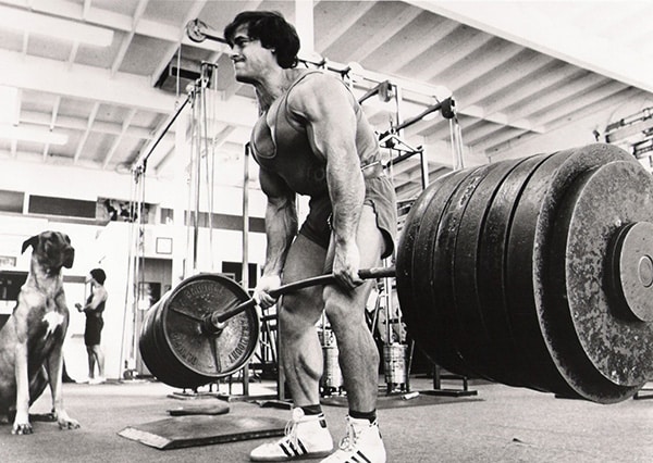 Franco Columbu doing the deadlift in a weight room.