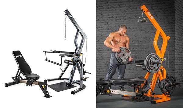 On the left, a photo of a weight station. On the right, an athlete adding weights on this same machine.