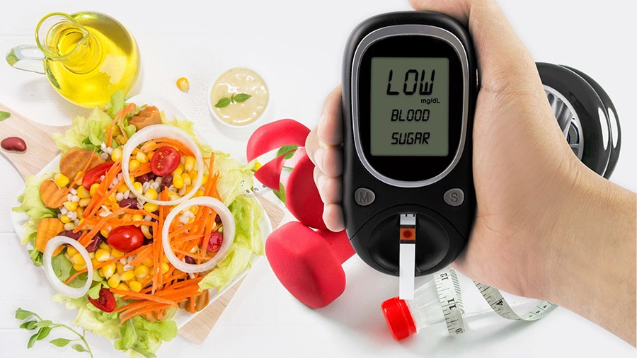 A diabetes control device in the foreground, with gym weights and a balanced meal in the background.