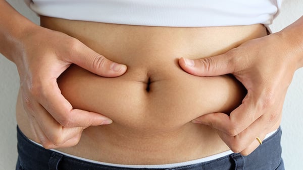 A person shows his belly by holding the fat in his hands.