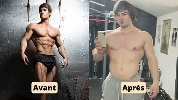 On the left, Jeff Seid before his muscle gain. On the right, the athlete and his extra 18 kilos after his dirty bulk.