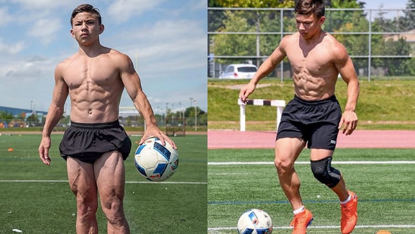 Tristyn Lee shirtless playing soccer.