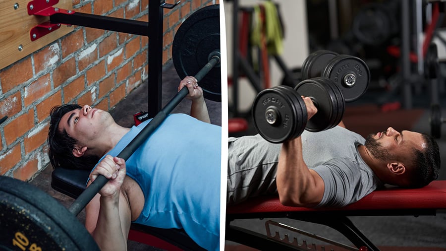 On the left, a man is doing a bench press with a barbell. On the right, another man is doing the same weight training exercise, this time with dumbbells.