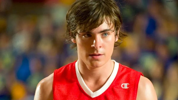 A photo of Zac Efron in a basketball outfit for his role of Troy Belton in High School Musical.