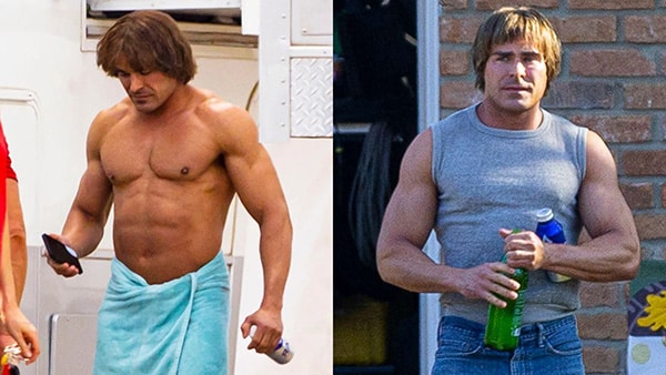 2 photos of a Zac Efron totally transformed to play the wrestler Kevin Von Erich in The Iron Claw.