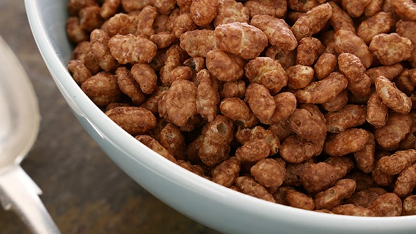 A bowl of industrial chocolate cereal for breakfast.