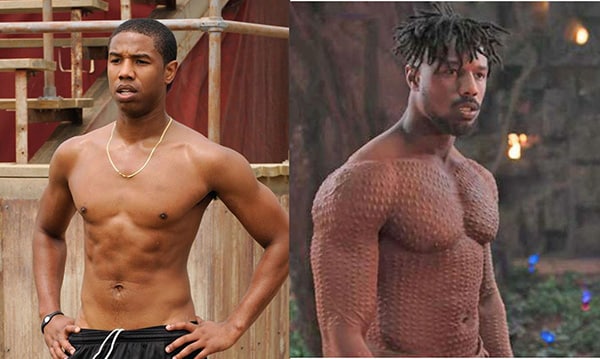 On the left, Michael B. Jordan shirtless when he was in his twenties. On the right, a photo from Black Panther, where we see his impressive physical transformation.