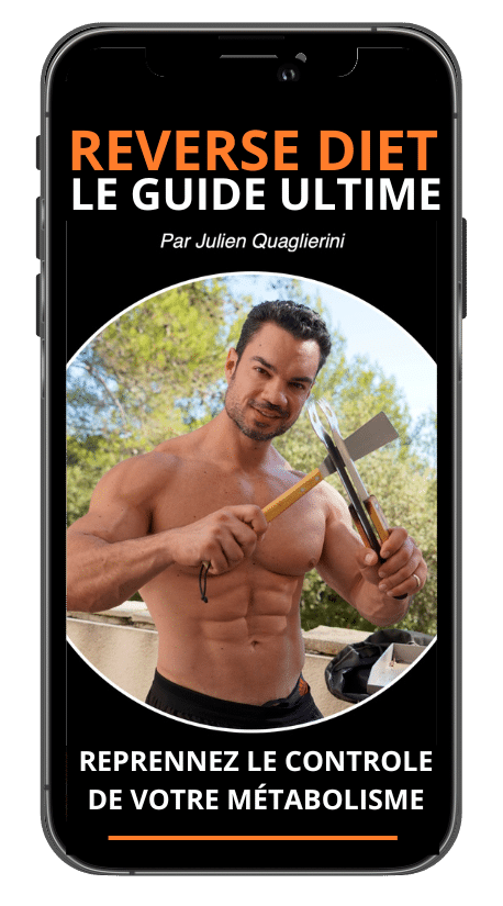 The visual of the program "Reverse diet: the ultimate guide" of the sports coach Julien Quaglierini in a smartphone screen.