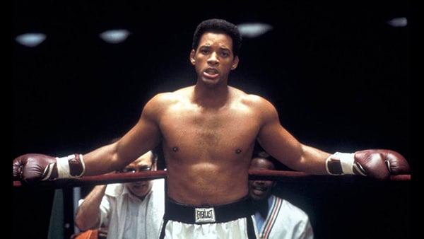 Shirtless Will Smith as boxer Muhammad Ali in the ring for the film of the same name.