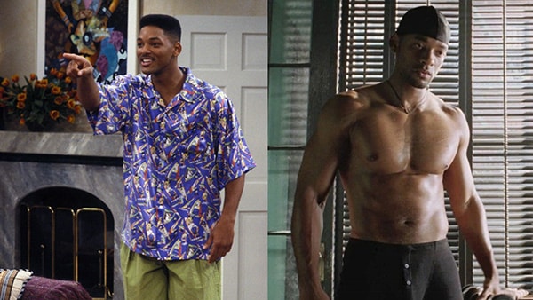 On the left, Will Smith in The Fresh Prince of Bel Air. On the right, the American actor, with several extra kilos of muscle, in the film I, Robot.