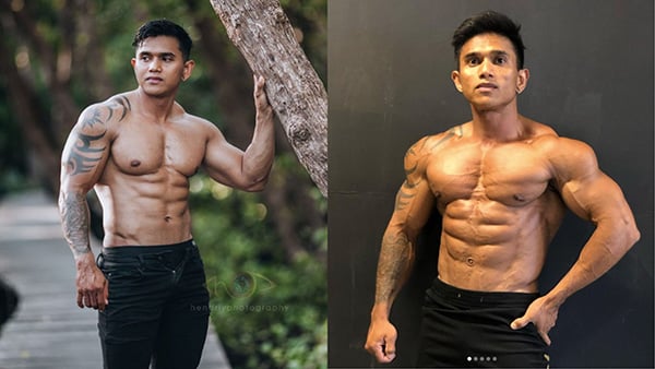 Two photos of shirtless bodybuilder Justyn Vicky, muscles bulging and abs perfectly defined.