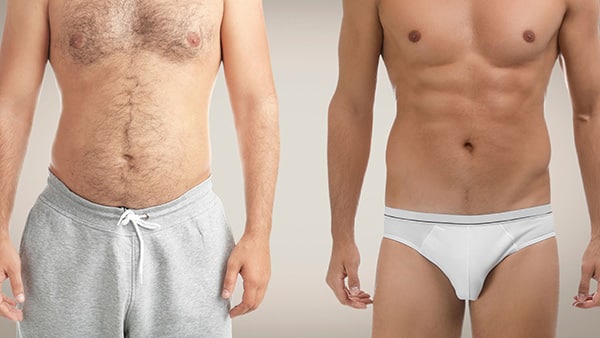 On the left, a shirtless man with a high percentage of body fat, particularly around the stomach. On the right, a shirtless man with low body fat and visible abs.