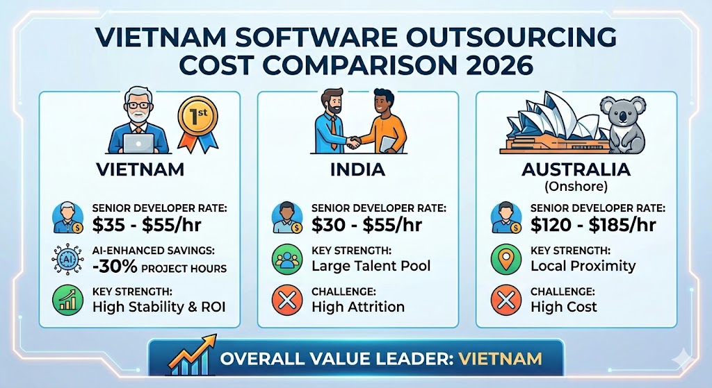 Software outsourcing cost in Vietnam 2026 comparison with Australia and India
