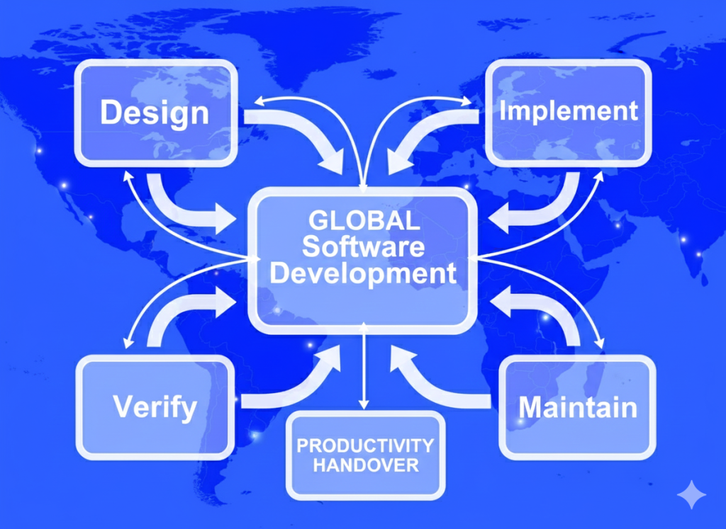 Time Zone Outsourcing Web App cover image: Global map showing a 24/7 development cycle with SEA-Solutions in Vietnam highlighted