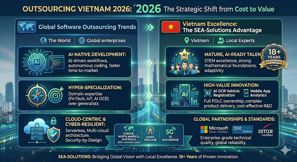 Infographic comparing global software outsourcing trends 2026 with Vietnam's high-value innovation and SEA-Solutions' 18-year expertise.