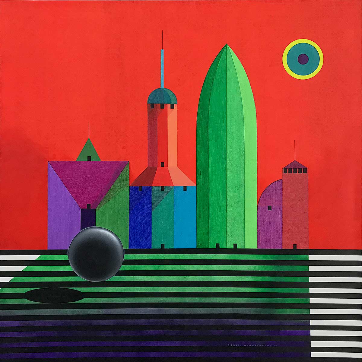 Sfera02 / Sphere02 An abandoned Tower...the EARTH was approaching the SUN... in the CITY of SILENCE Acrylic on Canvas 120x120x5 cm 2016