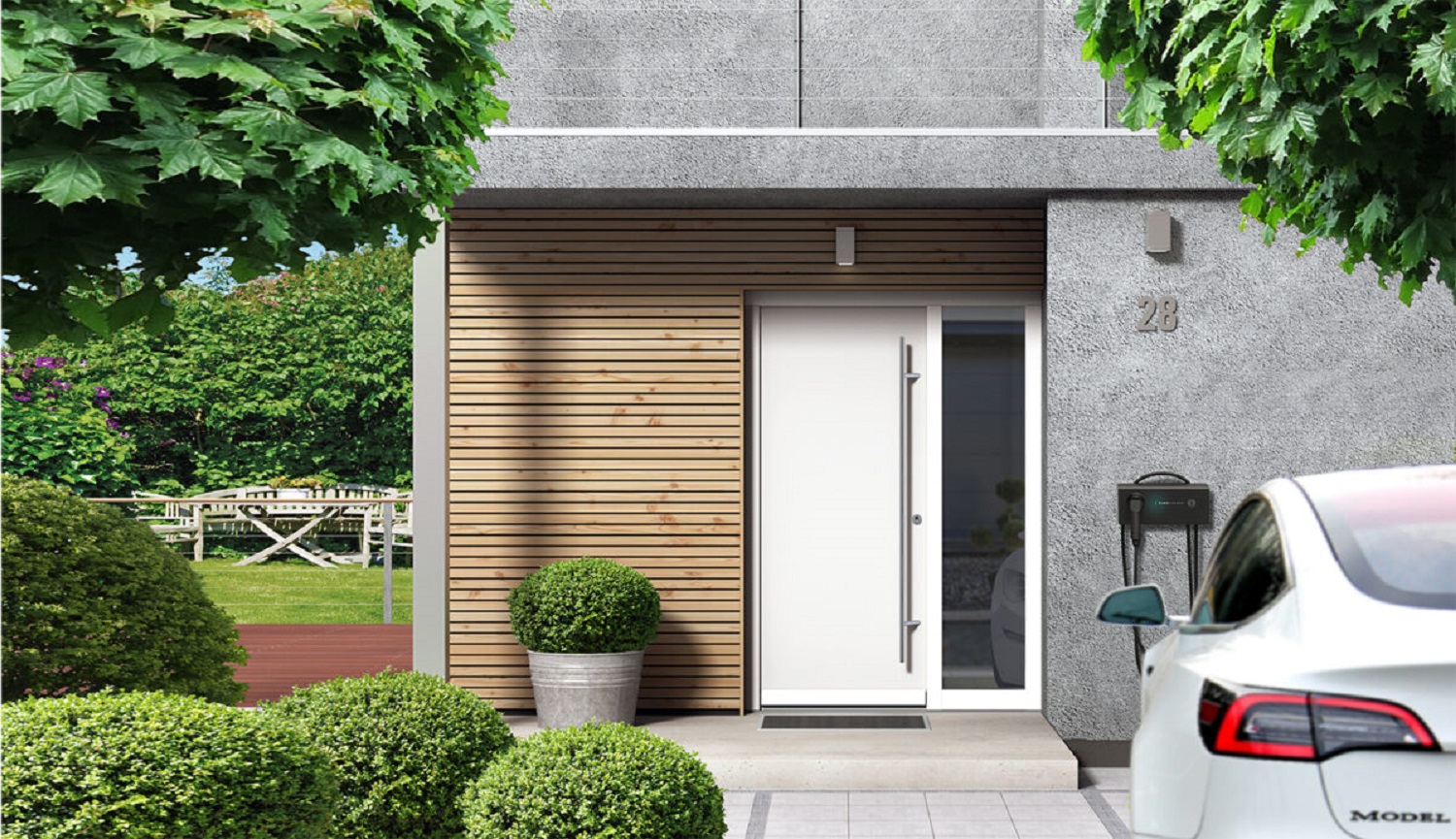 Modern bungalow house facade with front door entry