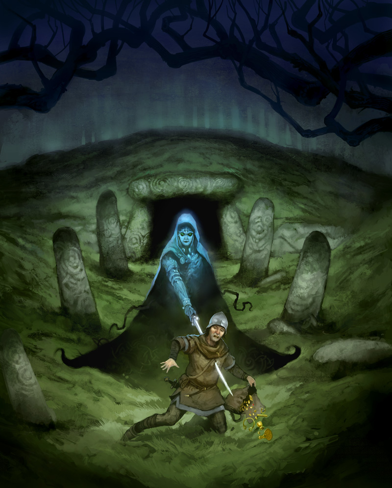 A water clour illustration of aA tomb in a hill with a doorway made of three stones, two upright , one crossways. The path to the tomb is marked by standing stones with faint laberinthyne markings on them. A blue ghostly figure has clearly emerged from a tomb and cuts through a theif with a sword. The thief spills golden treasures from a bag.
