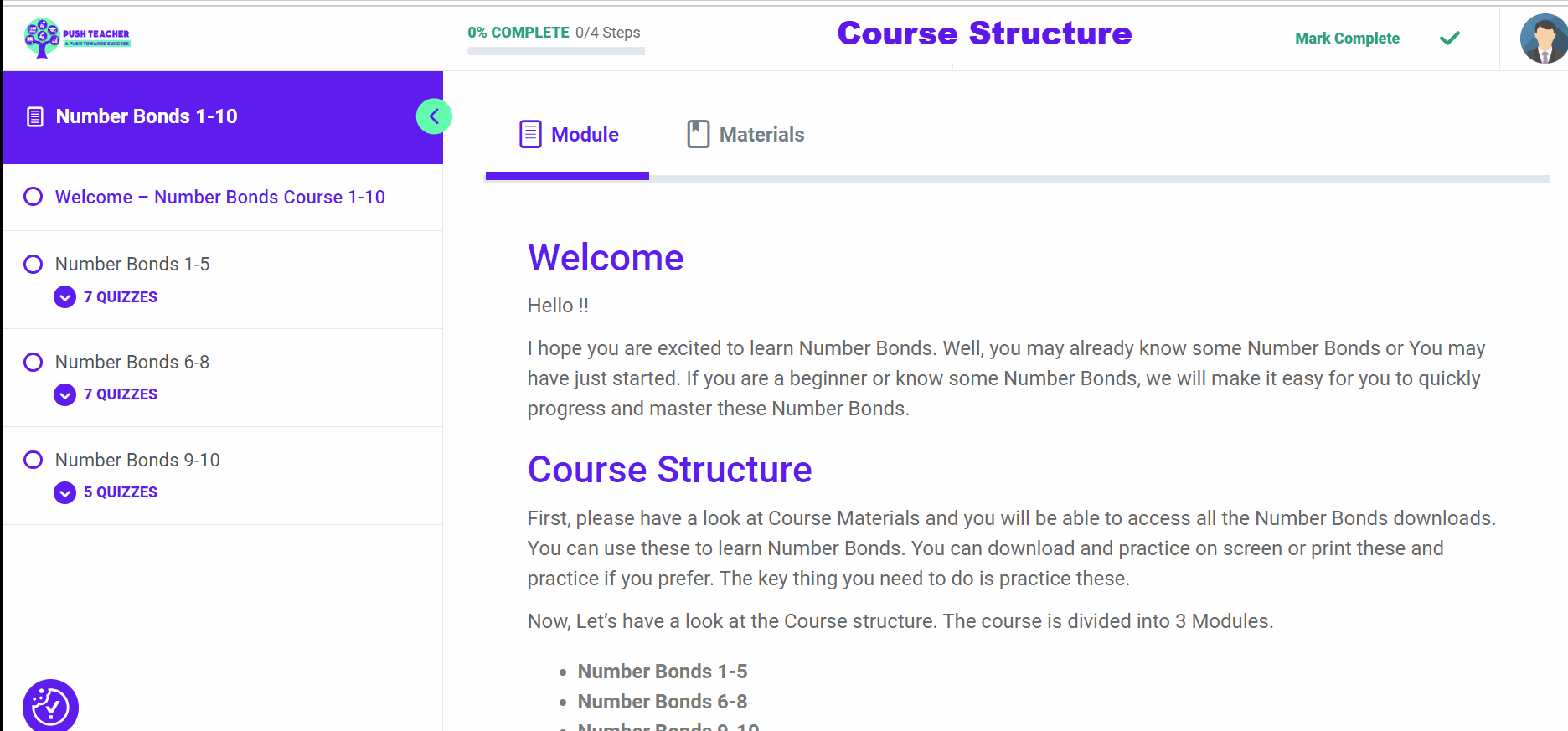 Number Bonds 1-10 Course Structure