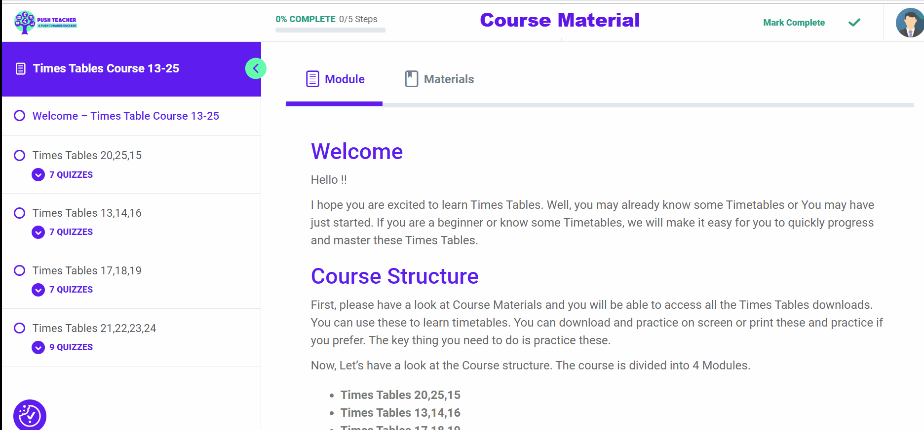 times tables 13-25 Course Material