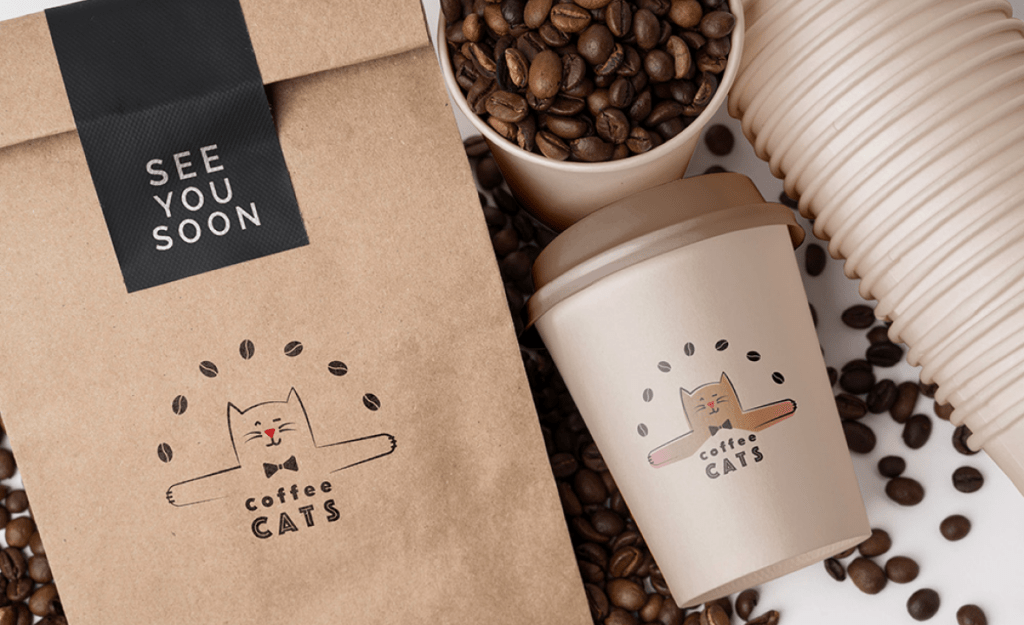 Portfolio "Coffee Cats" Logodesign auf Kaffeebecher und Tüte