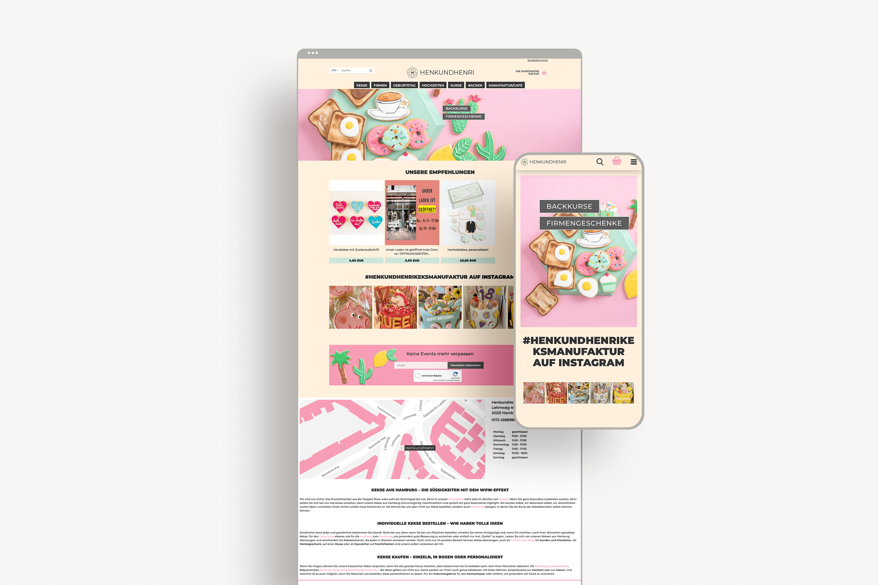 Portfolio "HenkundHenri" - Onlineshop für personalisierte Kekse, Ansicht Desktop und mobil