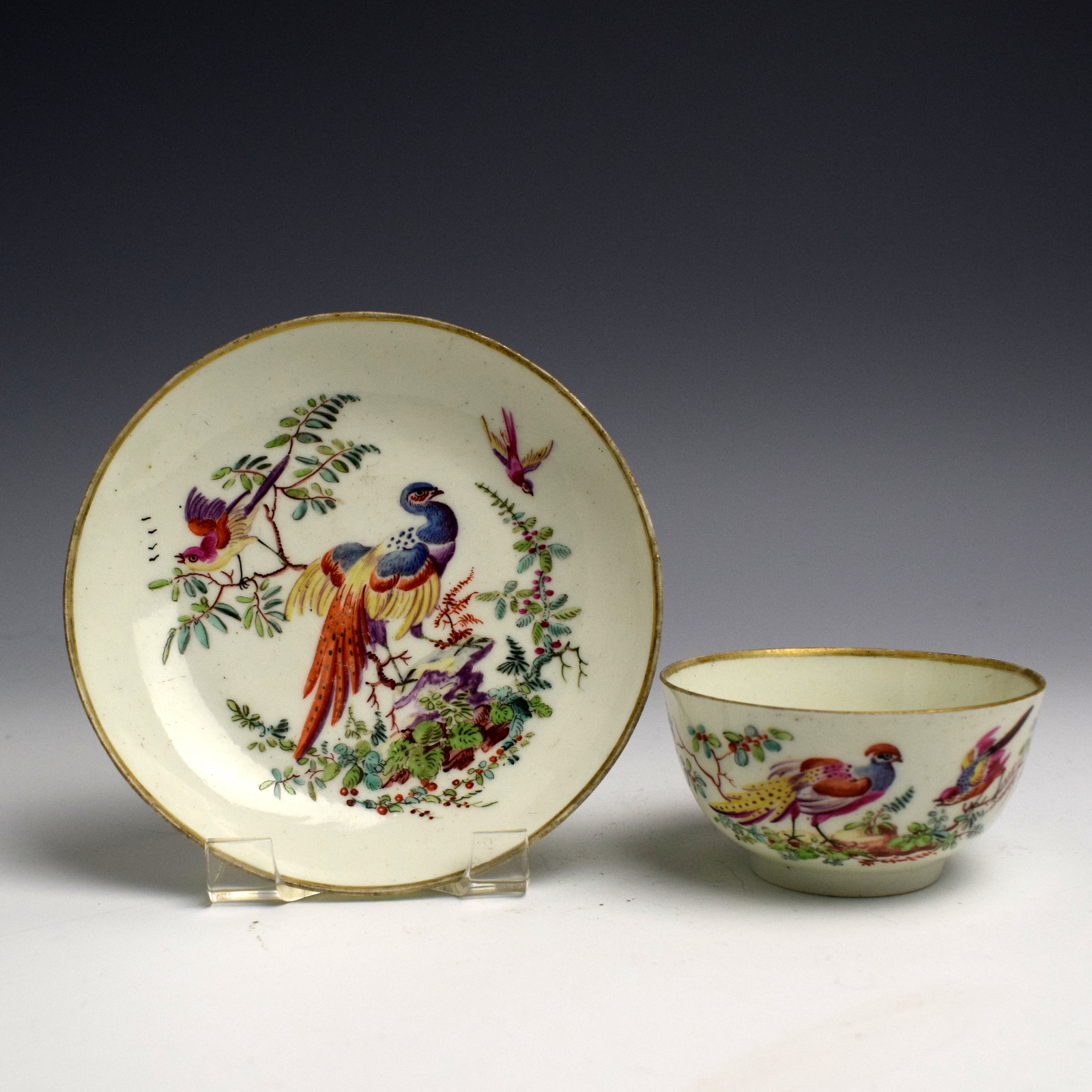 James Giles Fancy Bird Decorated Teabowl and Saucer c1765-70