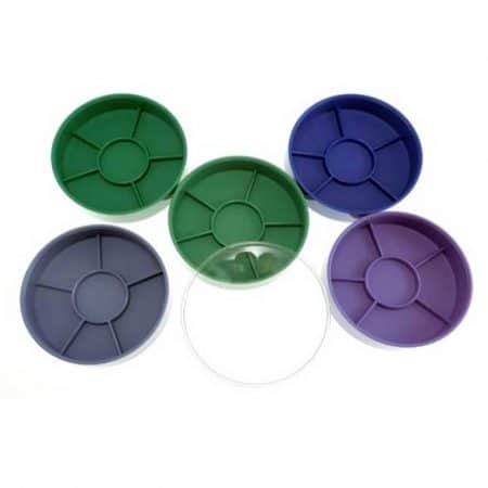 Round collection trays with compartments and lids