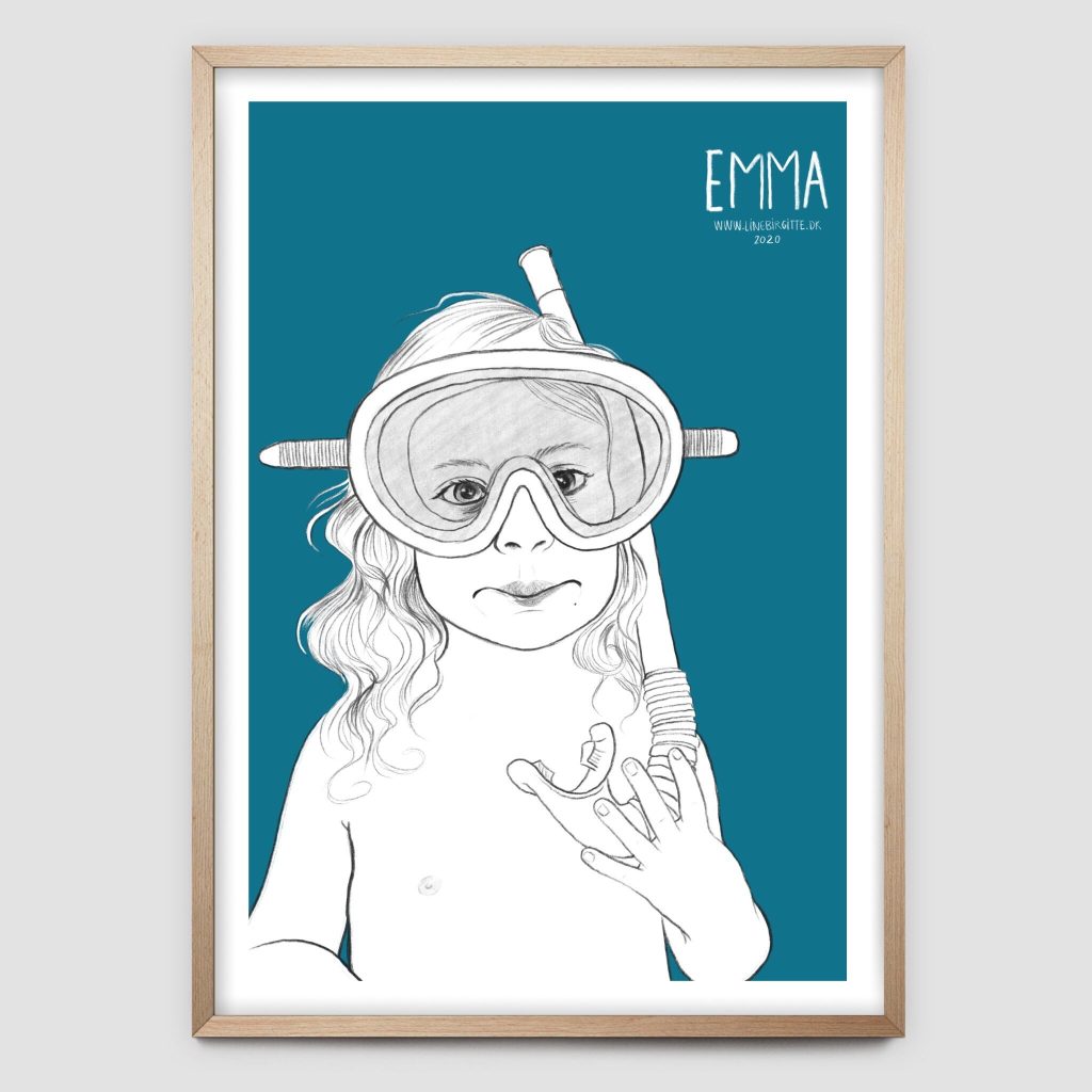 Stregtegning af Emma med dykkerbriller på blå baggrund