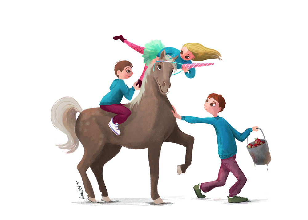 tre børn og en hest