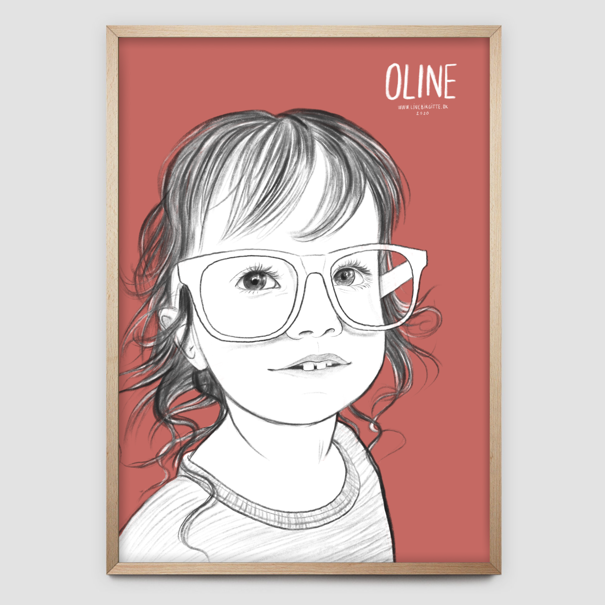 Stregtegning af pige med store briller på rød baggrund