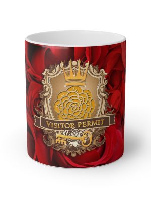 Visitor Permit to Laurin's Rosegarten Mug with red roses, medieval shield, and golden key design.